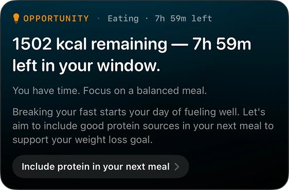Opportunity · 1,502 kcal remaining with 7h 59m left in your eating window. Include protein in your next meal.
