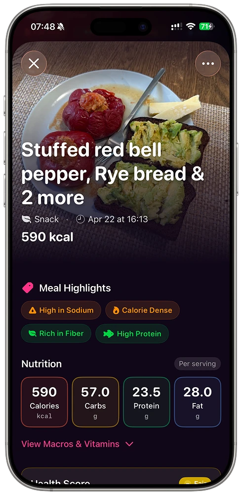 Numi home screen with daily progress ring, fasting card, and meal log — showing real-time nutrition at a glance