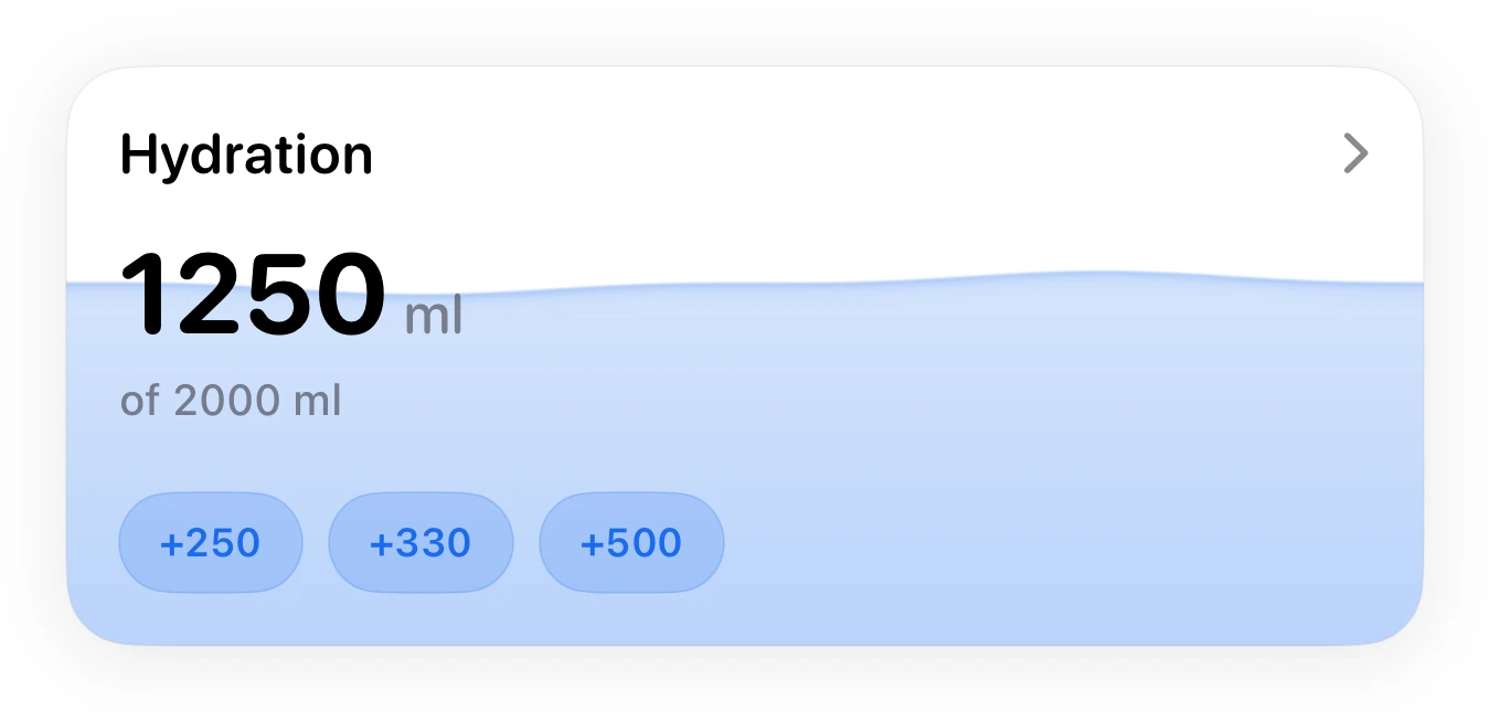 Numi water card showing logged water, progress toward the daily target and quick-add amounts