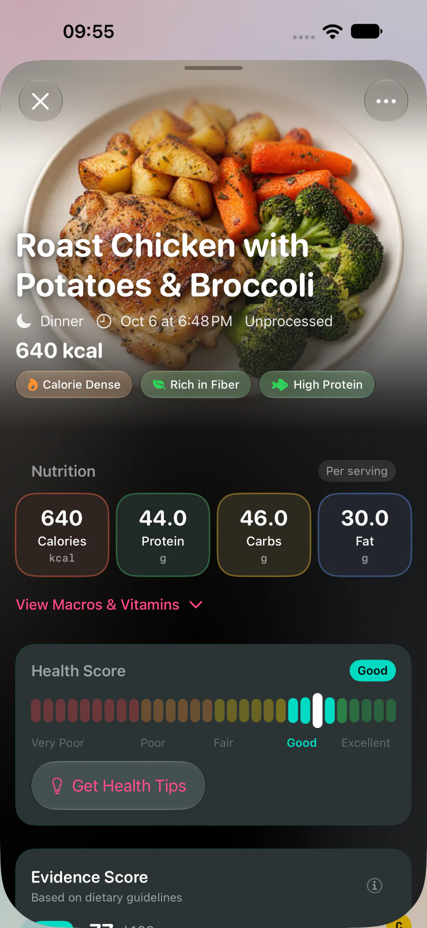 Numi saved meal detail with a roast-chicken photo and nutrition: 640 calories, 44 grams of protein, 46 grams of carbohydrate and 30 grams of fat