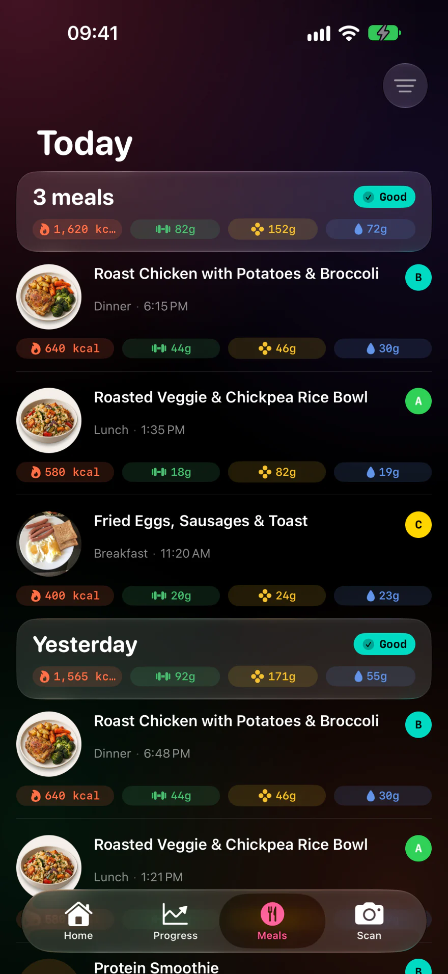 Numi meal history with roast chicken, a chickpea rice bowl and a cooked breakfast, showing meal photos, calories, macros and a 1,620-calorie daily total
