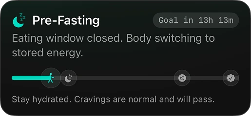 Pre-Fasting · Goal in 13h 13m · Eating window closed, body switching to stored energy