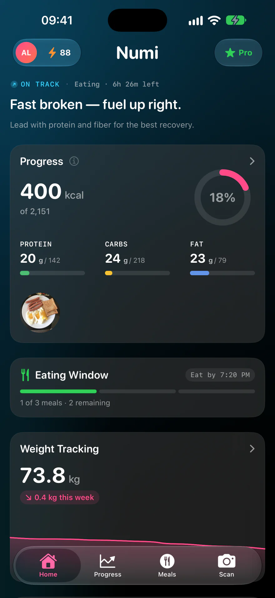 Numi Home in dark mode early in the day, with a breakfast photo and 400 of 2,151 calories logged, alongside macro targets and eating-window timing