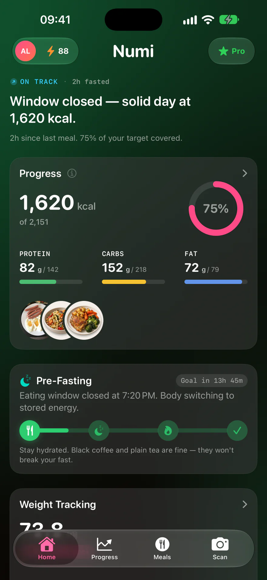 Numi Home in dark mode with three meal photos and 1,620 of 2,151 calories logged, alongside macro targets and eating-window timing