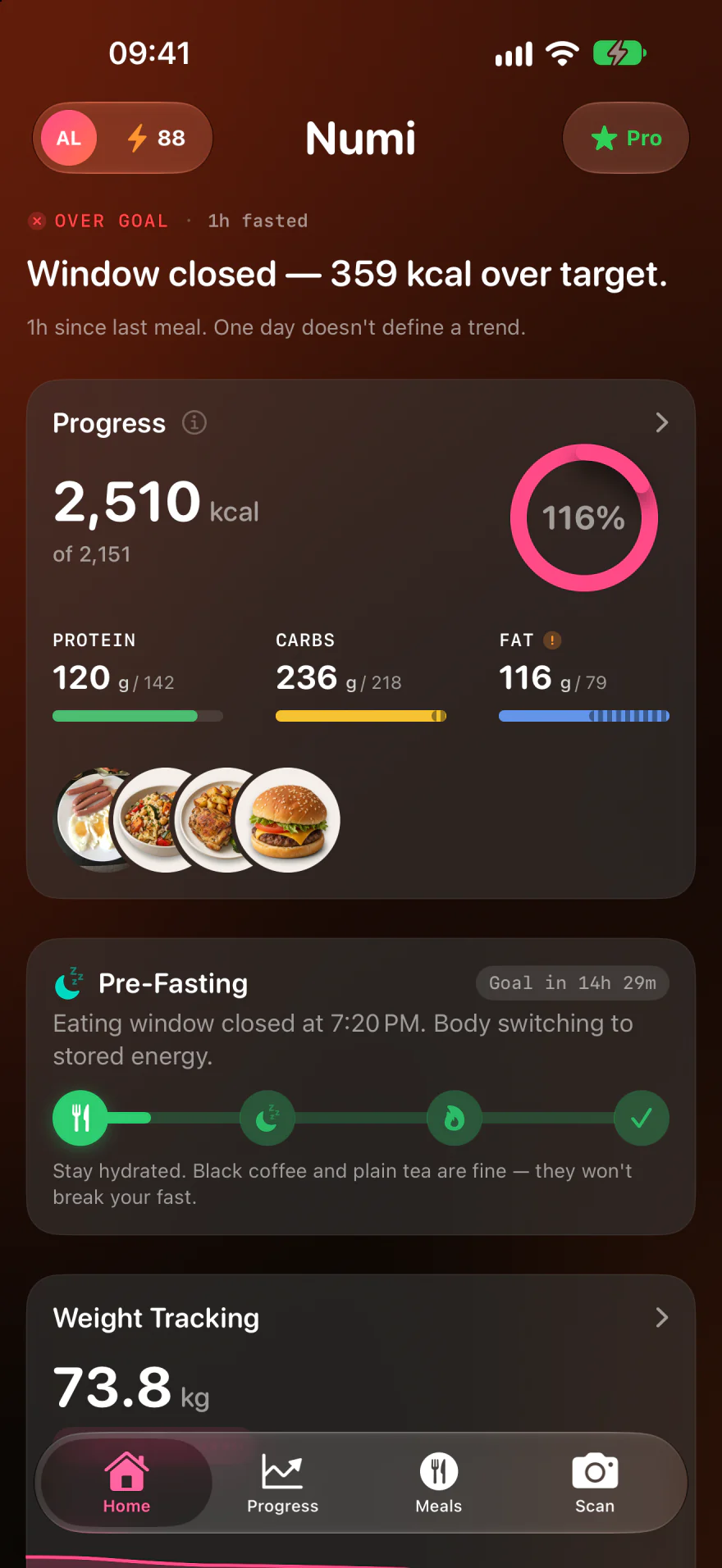 Numi Home in dark mode with four meal photos and 2,510 calories logged above the 2,151-calorie target, alongside macro progress and eating-window timing