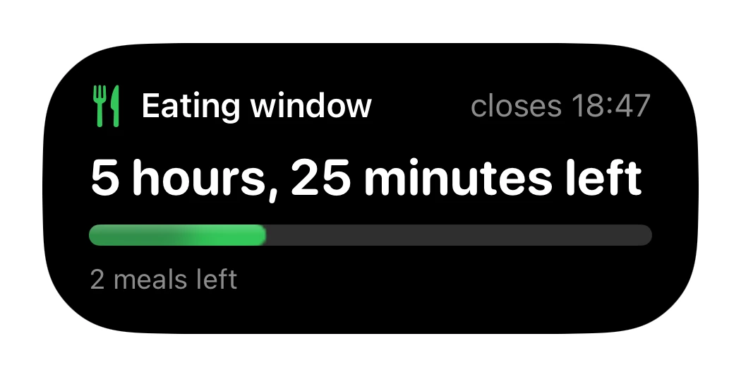 Numi eating-window activity showing time remaining, closing time, two meals remaining and window progress