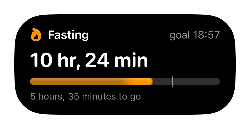 Numi fasting Live Activity showing 10 hours and 24 minutes elapsed, progress toward a sixteen-hour goal, the goal time and time remaining.