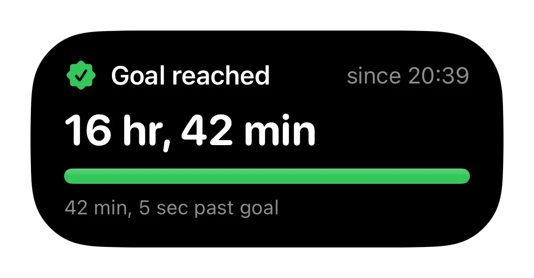 Numi Goal reached Live Activity showing sixteen hours and forty-two minutes of fasting, the fast start time, a full progress bar and time past the chosen goal.