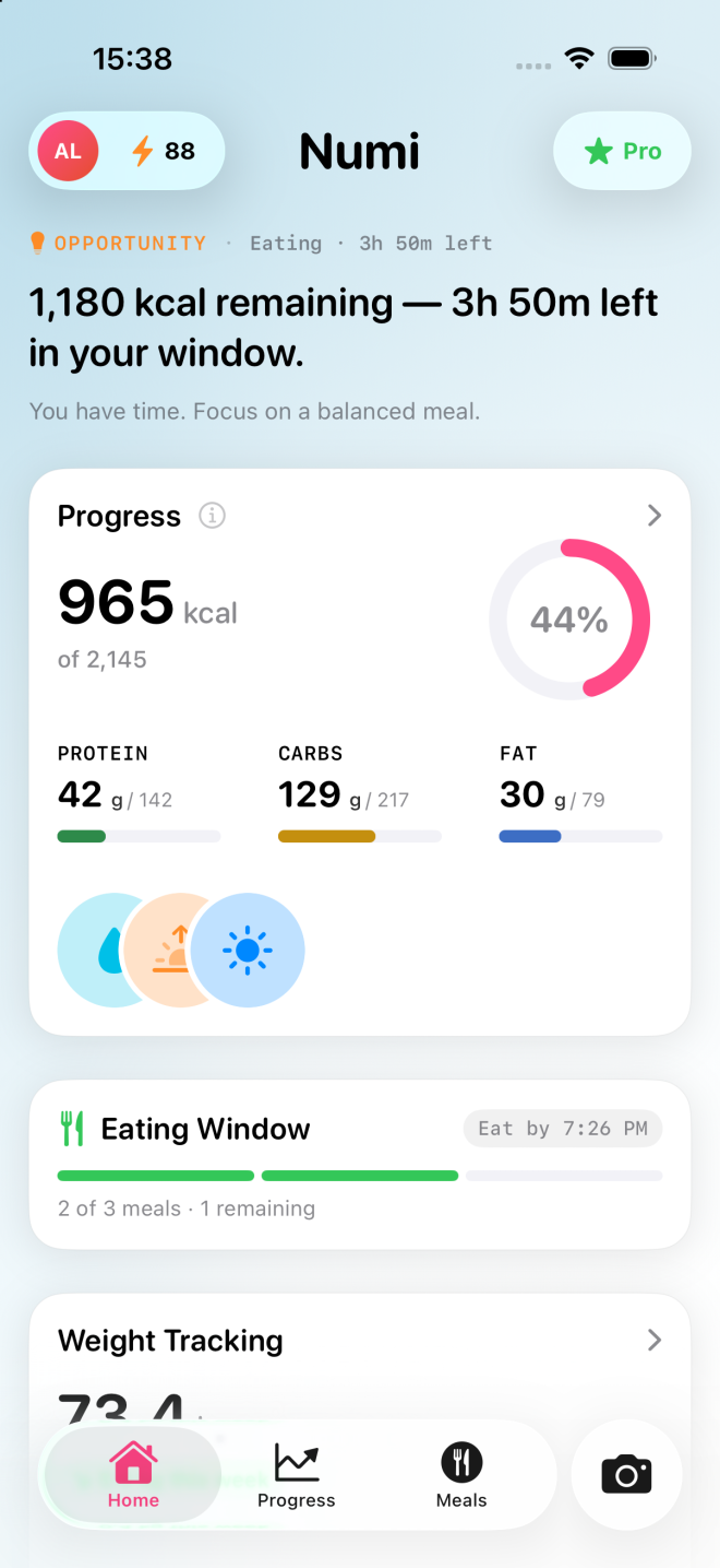 Numi Home showing calorie progress, macro grams against targets, eating window and weight tracking
