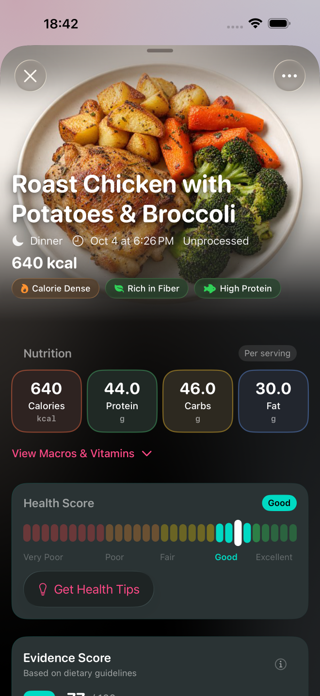 Numi meal detail showing roast chicken with potatoes and broccoli, estimated calories and macro grams