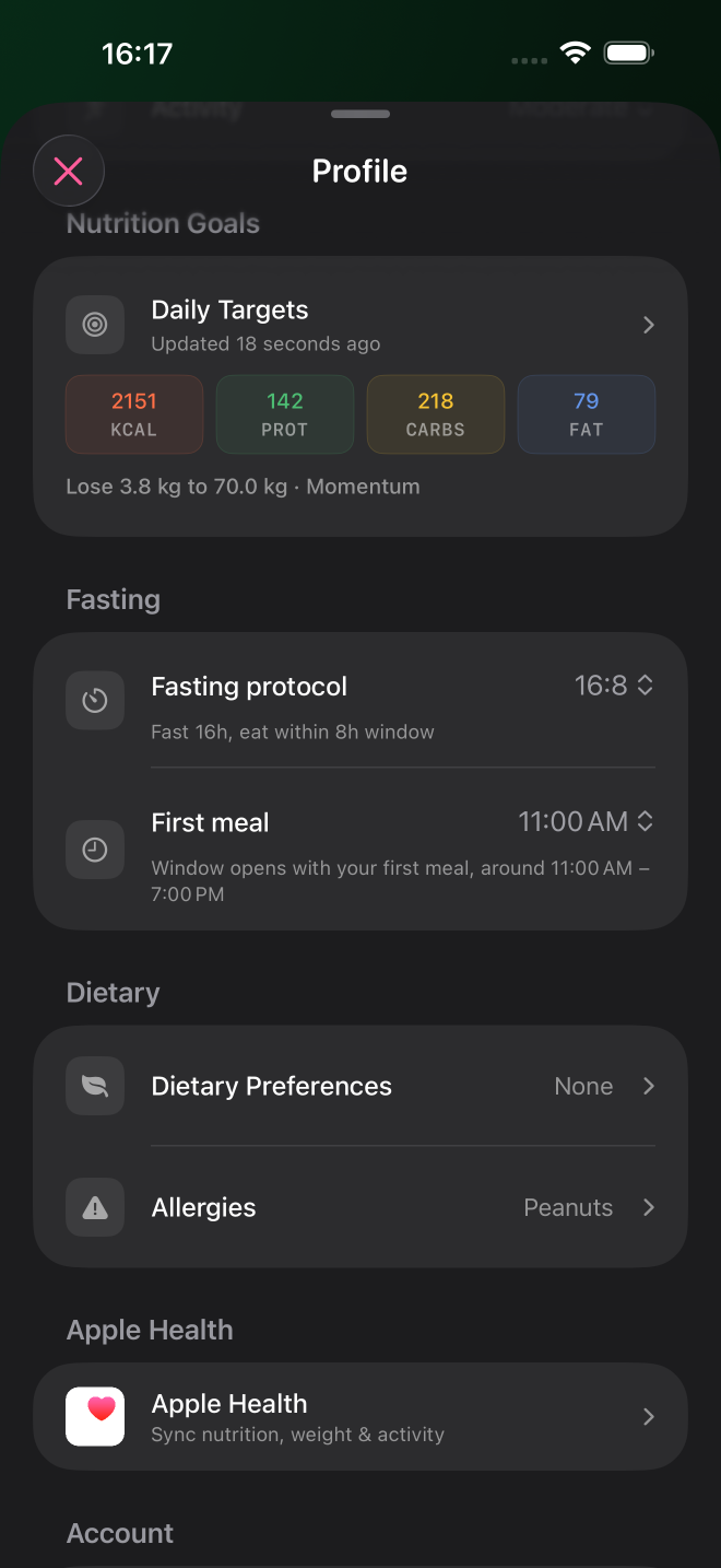 Numi Profile showing the Apple Health connection row labelled Sync nutrition, weight and activity