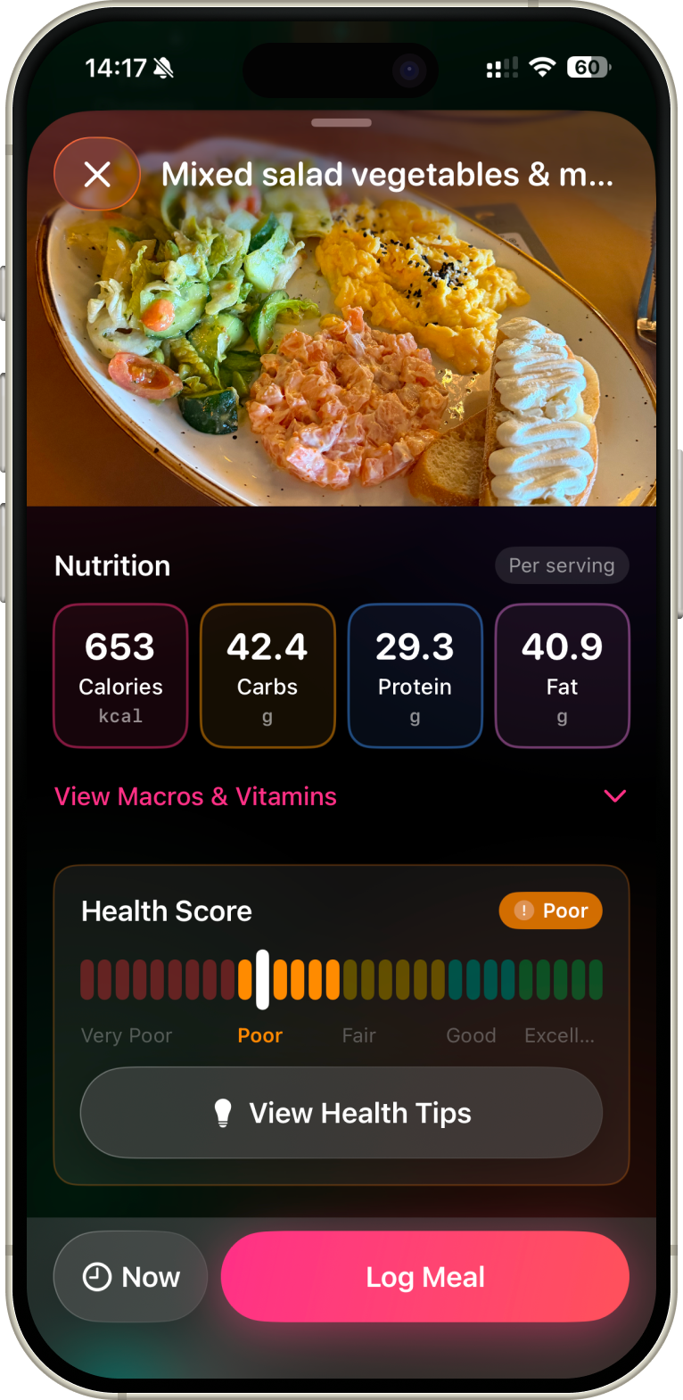 Numi food scanning screen showing meal recognition in action